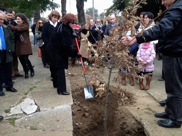 Pilar Maj&oacute;n en la plataci&oacute;n del roble en memoria de su hijo Alberto