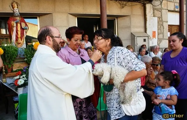 Una vecina, con su mascota, besa las reliquias de San D&aacute;maso en Valverde del Fresno. Una imagen de ANHER publicada en www.sierradegatadigital.es                                     