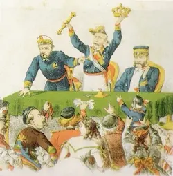 Prim, Serrano y Topete subastan la Corona espa&ntilde;ola. Revista La Flaca. 1869