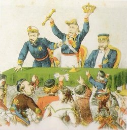 Prim, Serrano y Topete subastan la Corona española. Revista La Flaca. 1869