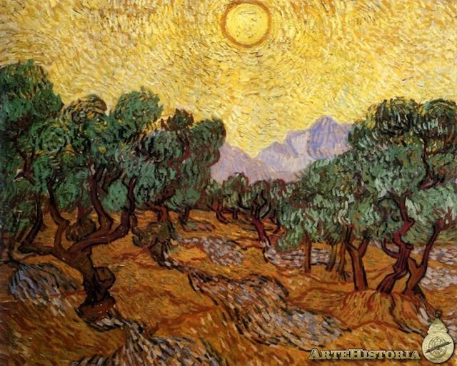 Olivos de Van Gogh con cielo amarillo y sol. IMAGEN DE ARTEHISTORIA