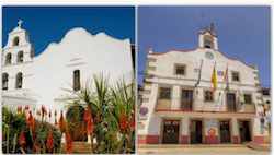 Fachadas de la Misión de San Diego (California) y el ayuntamiento de Valverde del Fresno