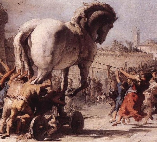La entrada del caballo de Troya. Pintura de Giovanni Domenico Tiepolo, 1773. Galeriģa Nacional de Londres