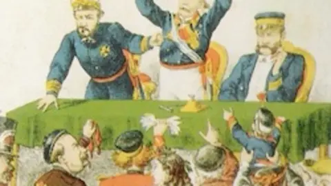 Prim, Serrano y Topete subastan la Corona espa&ntilde;ola. Revista La Flaca. 1869