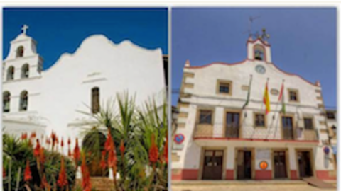 Fachadas de la Misi&oacute;n de San Diego (California) y el ayuntamiento de Valverde del Fresno