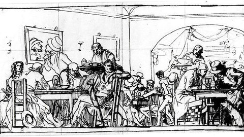 BOCETO PARA EL CAFÉ DE LEVANTE de Leonardo Alenza(1807-1845). Biblioteca Nacional de España