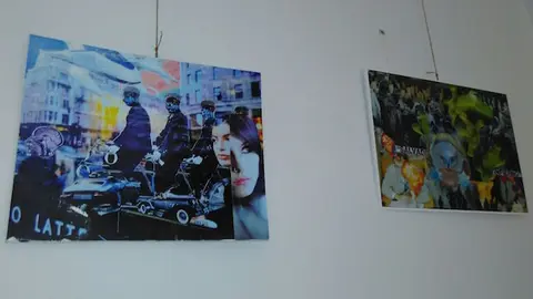 Collages de Pedro de las Heras en la exposición de Villasbuenas de Gata