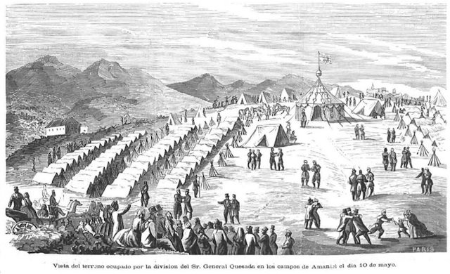 Grabado publicado en las páginas de El Mundo Militar el 20 de mayo de 1860 que ilustra la acampada del ejército en los campos de Amaniel el 10 de mayo de 1860